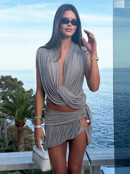 Sexy Fashion 2 Piece Set Woman Ruched Swing Collar Backless Crop Tops+Beads Decoration Mini Skirts Elegant Outfits