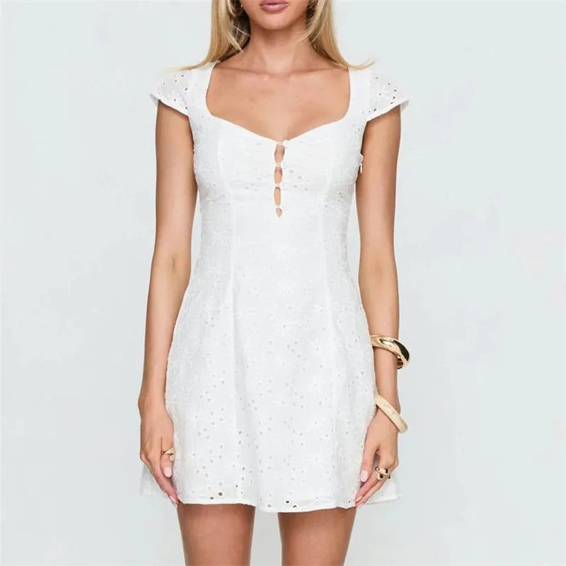 Women White Eyelet Embroidery Mini Dress Square Neck Cap Sleeve Cutout Front A Line Summer Casual Party Vacation Dress