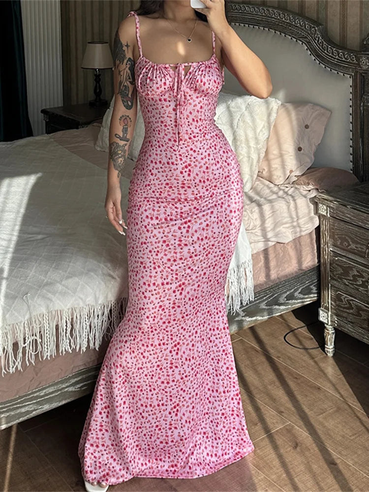 Flower Print Dress Women Summer Backless Lace-Up Sleeveless Hollow Ruffles Sheath Elegant Midnight Club Party Bodycon