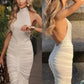 Turtleneck Backless Dress Women Halter Hole Sleeveless Sexy See Through Skinny Peach Hip Ruched Elegant Club Bodycon