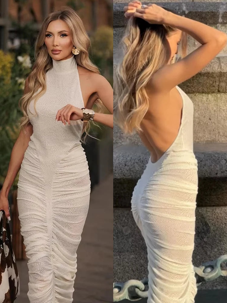 Turtleneck Backless Dress Women Halter Hole Sleeveless Sexy See Through Skinny Peach Hip Ruched Elegant Club Bodycon