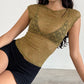 Women Y2K Vintage Floral Lace Crop Top Goth Grunge Cap Sleeve Scoop Neck See-Through Sheer Mesh Baby Tees