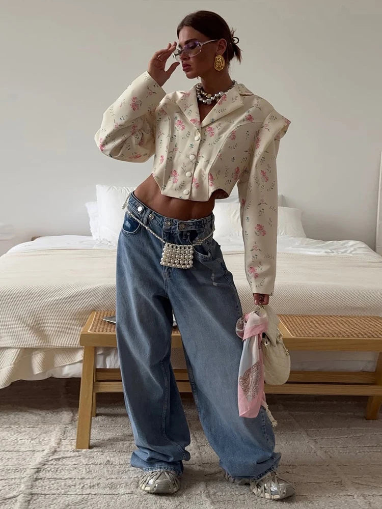 Lapel Crop Shirt Women Autumn Shoulder Padded Single Breasted Simple Wild Sweet Office Streetwear Irregular Jacket