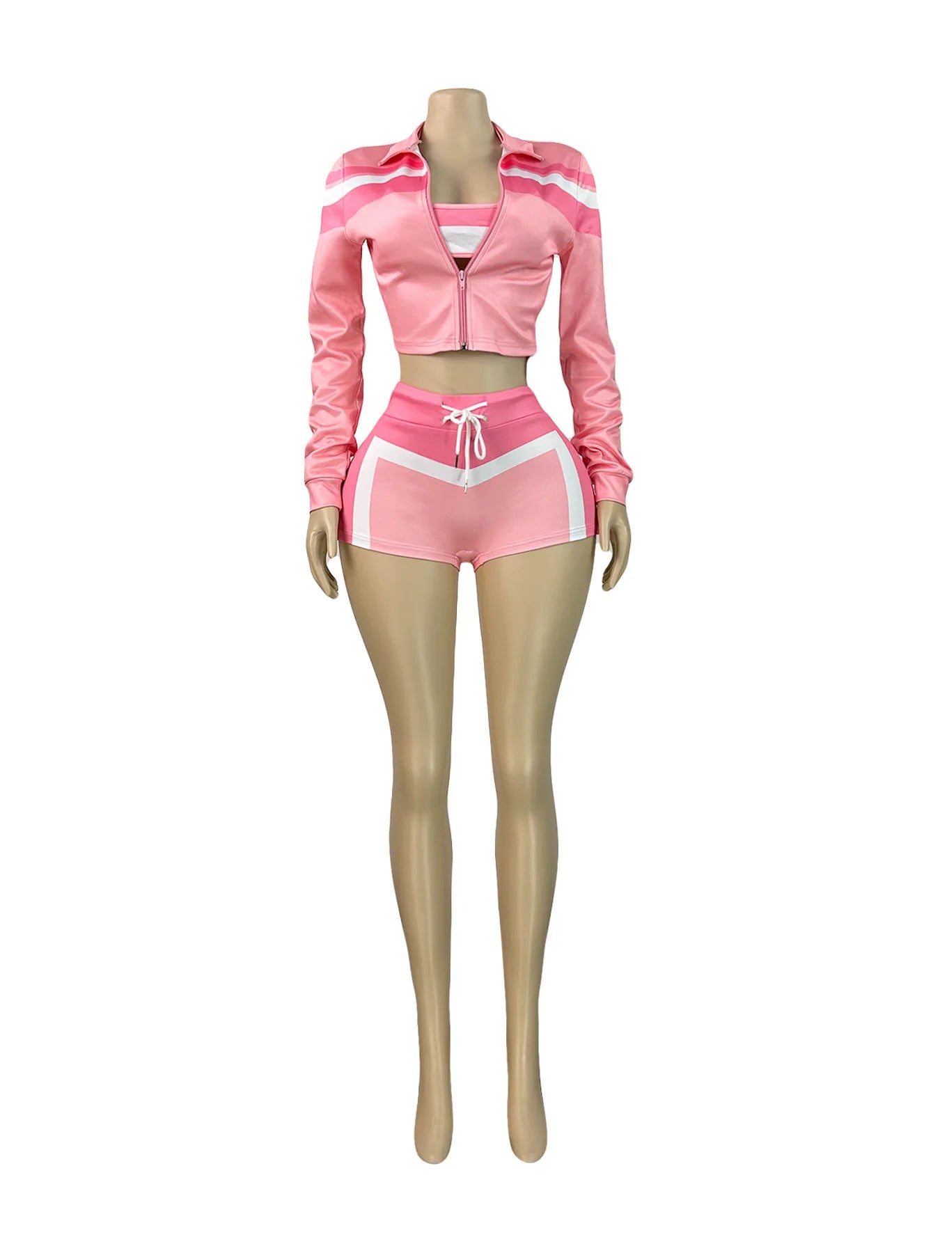 Contrast Patchwork 3 Piece Set Women Halter Strapless Tops+Cardigan Crop Jacket+Drawstring Shorts Sexy Sporty Outfits