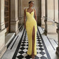High-slit Draped Halter Maxi Dresses Elegant Sexy Yellow Brown Party Dress Woman for Birthday Pictures