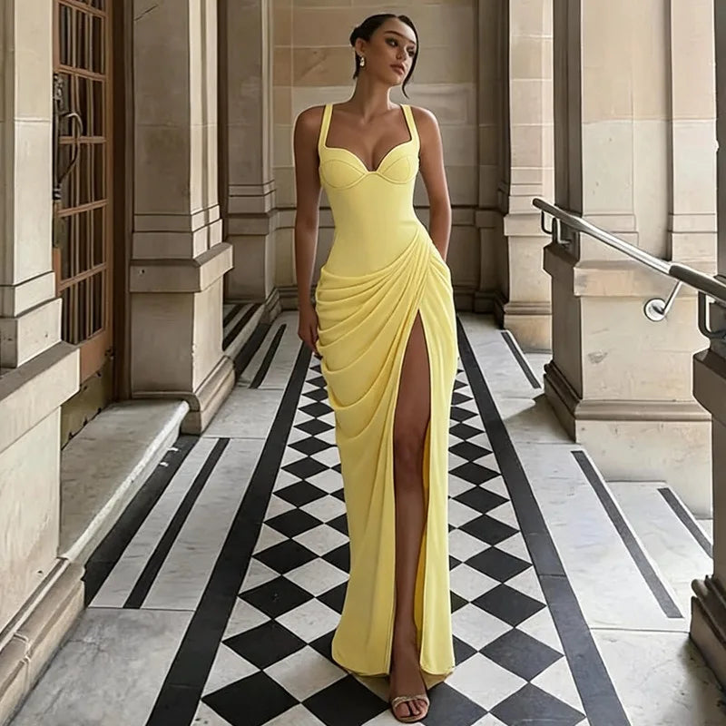 High-slit Draped Halter Maxi Dresses Elegant Sexy Yellow Brown Party Dress Woman for Birthday Pictures