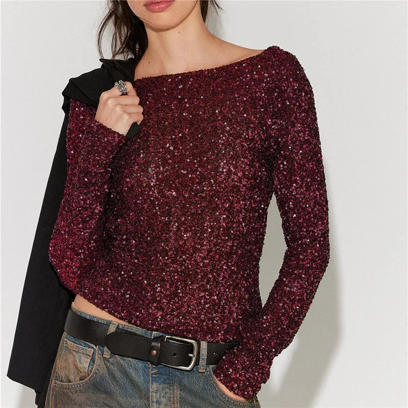 Backless Draped Cowl Neck Sparkly Shirt Women Long Sleeve Y2k Shiny Sequin Slim Crop Top Club Party Night Glitter Tee