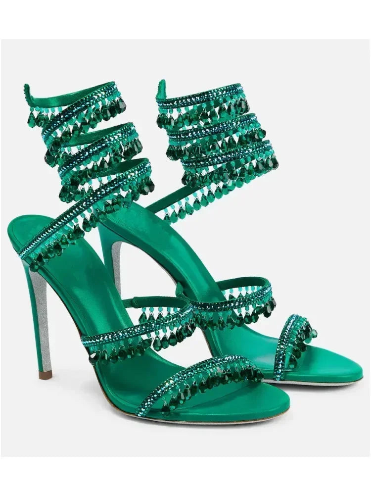 Women's New Water Diamond Sandals Fashion Tassel Crystal Shoes Sexy Banquet Party Twin Stiletto Women's Large Sandals