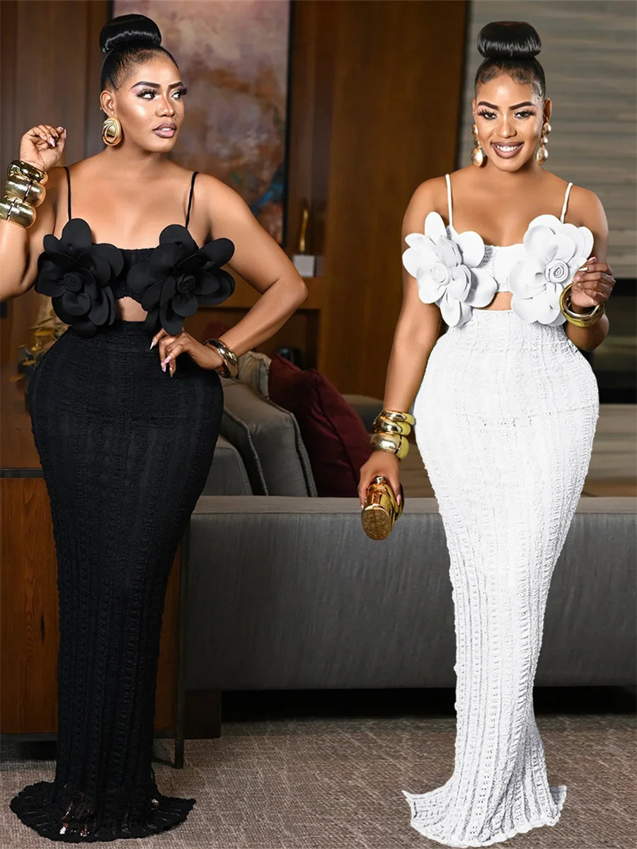 Backless Sexy 3D Boutonniere Dress Women Stripes Hollow Sleeveless Lace Stretch Skinny Party Fashion Activity Bodycon