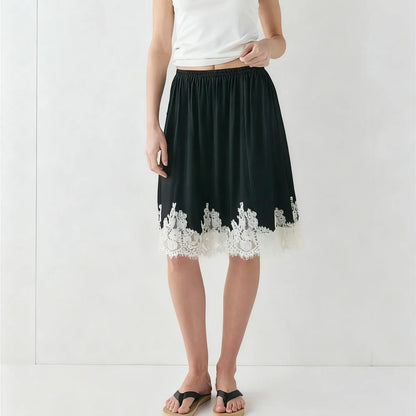 Women Summer Solid Elegant Satin Lace Patchwork Long Skirts High Waist Office Ladies Vacation Midi Skirts Y2K Streetwear