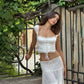White 2 Piece Sets Lace Trim Square Neck Crop Top Ruched Panelled Maxi Skirt Vacation Outfits