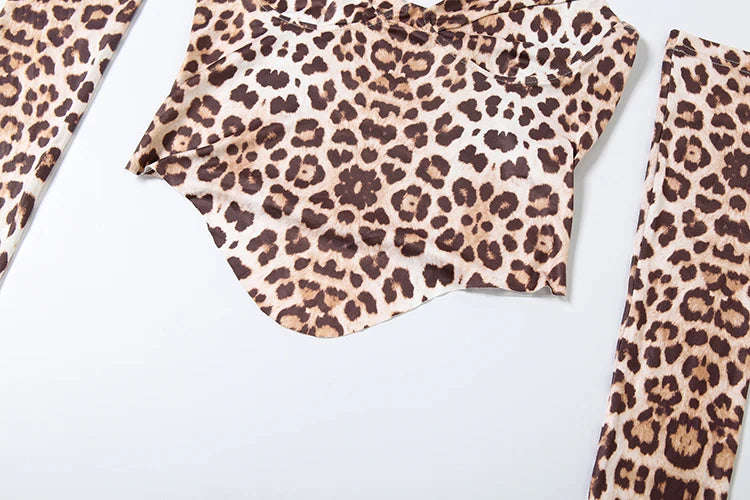 Leopard Print 3-Piece Set Women Arm Sleeve+Low-Neck Halter Bandage Backless Irregular Hem Vests+Simple Shorts Sexy Suits