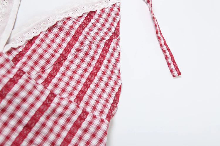 Striped Print 2-Piece Set Women Bandage Halter v-Neck Patchwork Lace Backless Vests+Folds Puffy Hem Shorts Sweet Suits