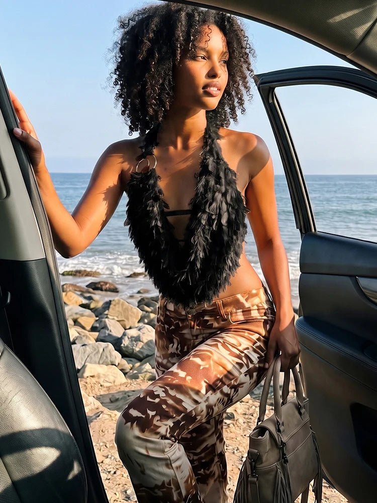High Street Furry Tassel Decoration Tank Tops Woman Halter Swing Collar Backless Summer Fashion Vests