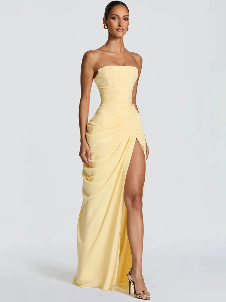 Chiffon Off-shoulder Strapless Sexy Maxi Dress Women Elegant Sleeveless Backless High Split Ruched Club Party Dress