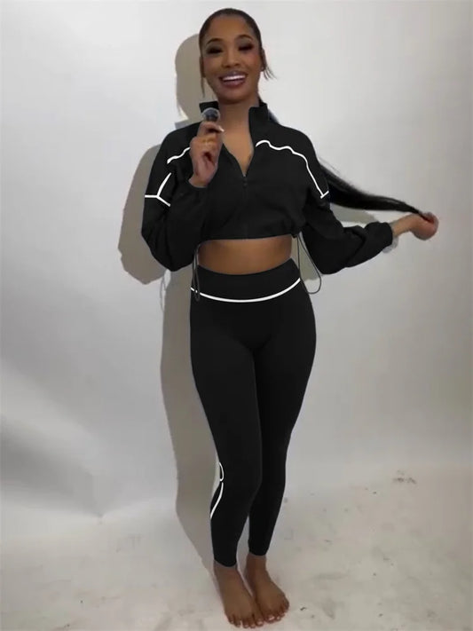 Patchwork 2 Piece Set Women Tracksuit Zip Shirring Hem Crop Jacket+Elastic Leggings Casual Daily Street Sporty Suits