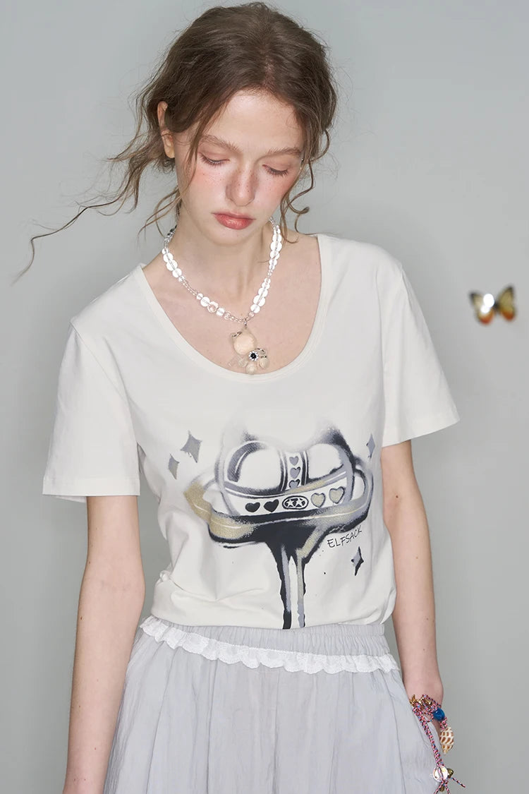 2025 Spring New Arrivals Y2K White Heart Printed Short Sleeve T-Shirt Women's Loose Casual Versatile Top