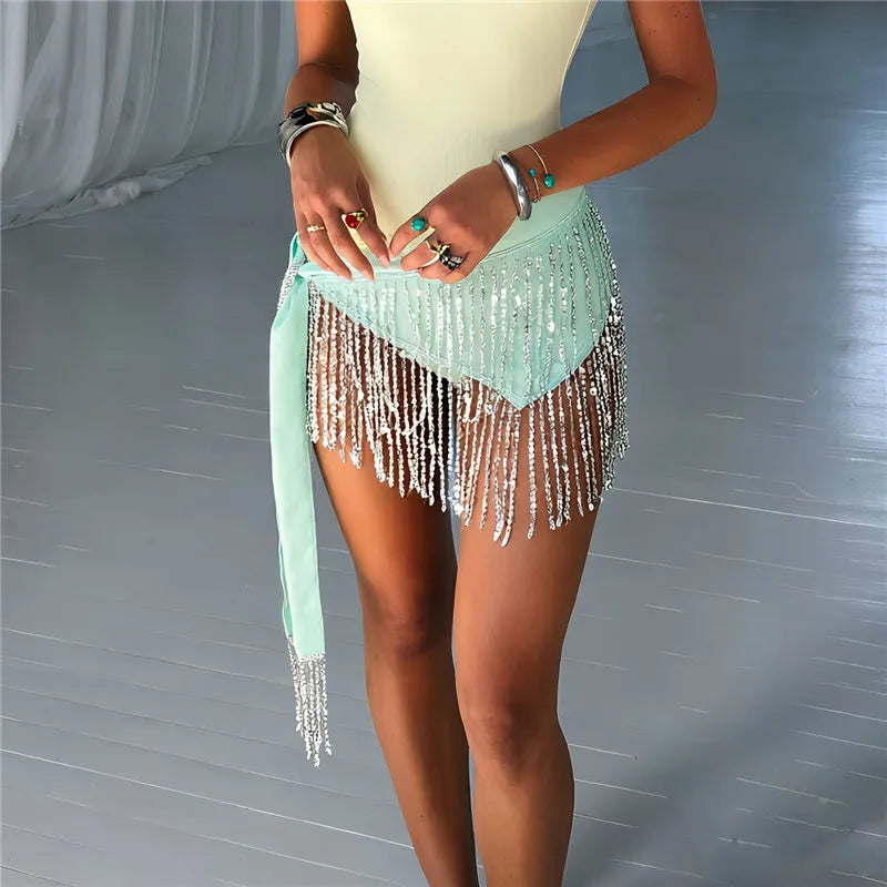 Women Festival Beaded Fringe Wrap Skirt Tie Waist Sparkly Tassel Mini Skirt Beach Swimsuit Cover Up Belly Dance Skirt