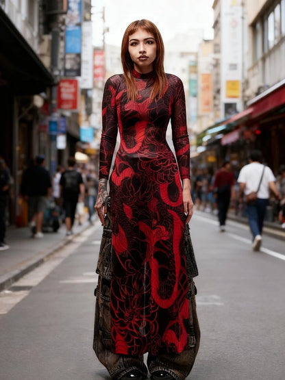 See Through Maxi T-Shirts Women Snake Print Turtleneck Full Sleeve High Split Elastic Sexy Coquette Skinny Clubwear