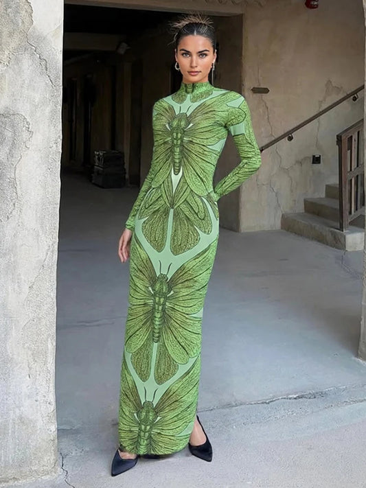 Sexy See Through Women Dress Butterfly Print Long Sleeve Elegant Stretch Skinny Midnight Clubwear Midnight Bodycon