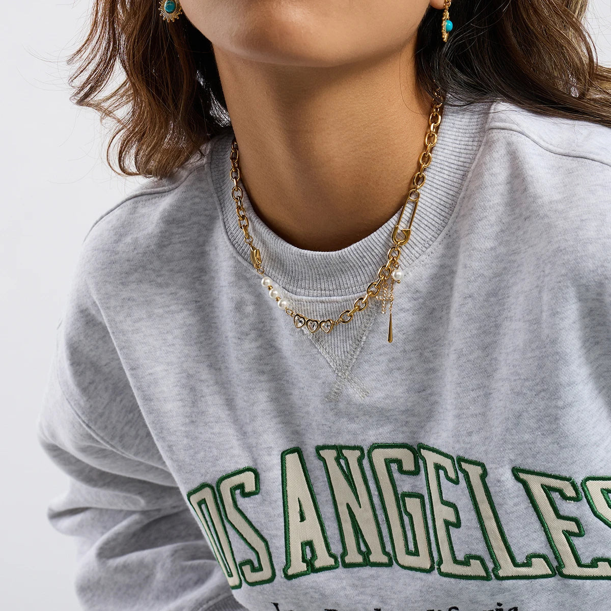 Y2K Patchwork Chain Design Stainless Steel Necklace Paperclip + Glossy Pentagram Cross with Zirconia Pendant Necklace