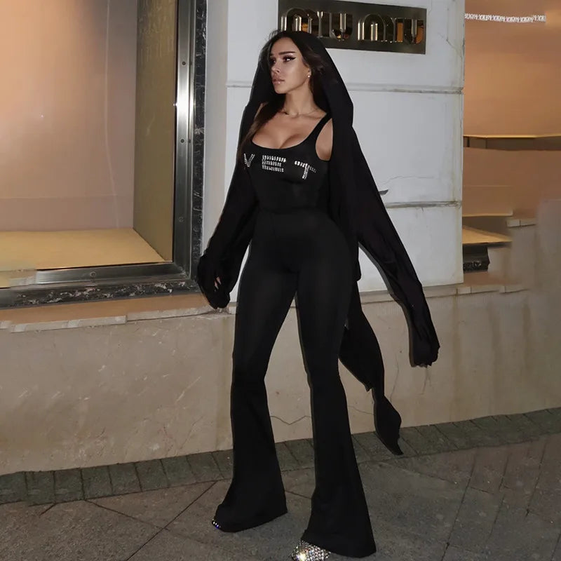 Rhinestone Wet Sleeveless Flare Jumpsuits Black One Piece Clothes Sexy Jumpsuit for Womens 2024 Club Outfits