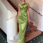 Skew Collar Elegant Hollow Shirring Satin Dress Women Fashion Classic Ruched Patchwork Sleeveless Sexy Party Long Bodycon