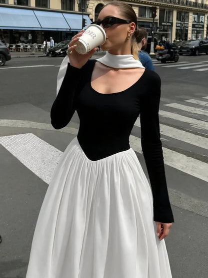 Long Sleeve Maxi Dress with Scarf Elegant Black and White Patchwork Autumn Dresses Woman Clothing 2025
