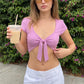 Women Front Tie Knot Cropped T Shirt V Neck Puff Short Sleeve Slim Fit Solid Plaid Crop Top Vintage Summer Casual Blouse