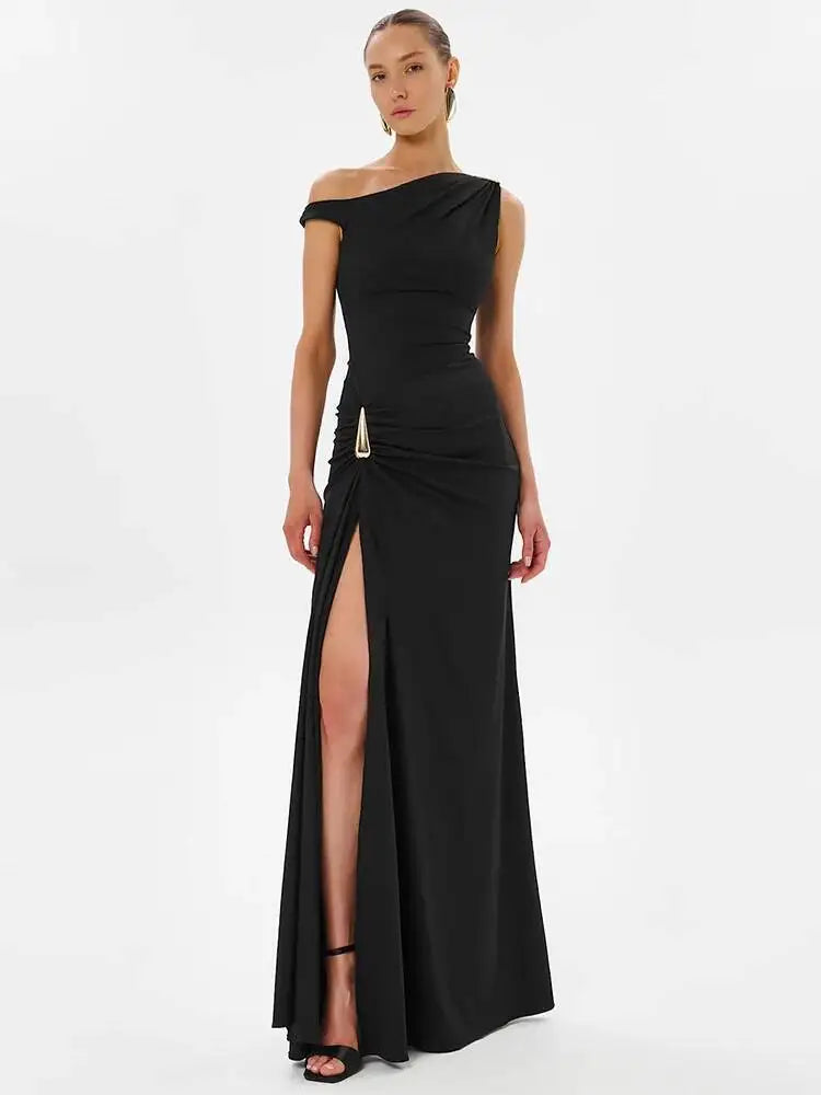 One Shoulder High Split Sexy Maxi Dress Women Elegant Sleeveless Backless Ruched Bodycon Club Party Long Dresses