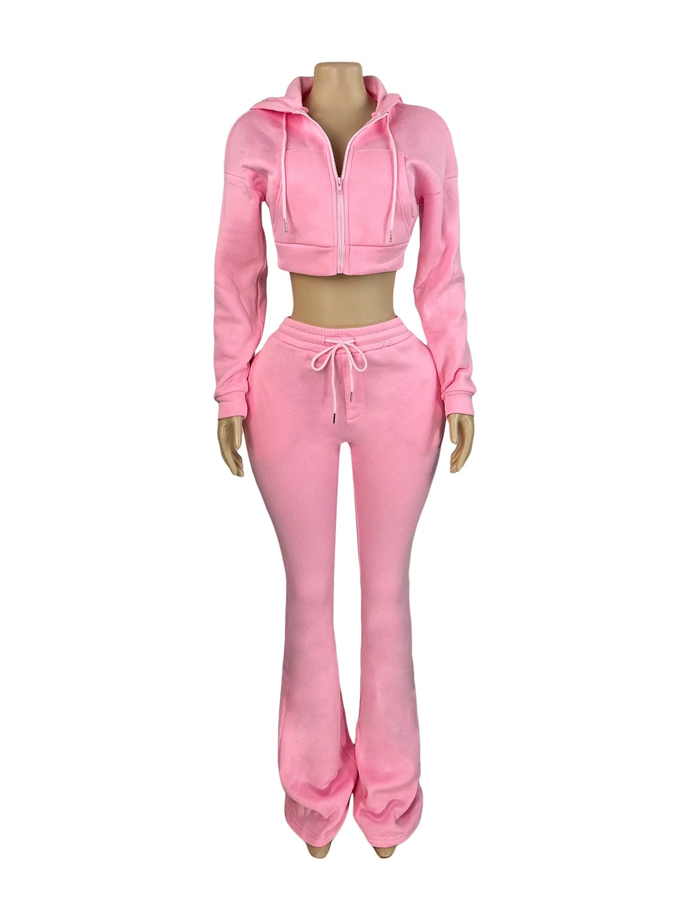 Casual Simple Women 2 Piece Set Pocket Hooded Zip Crop Jacket+Pants Sporty Matching Streetwear Skinny Basic Outfits