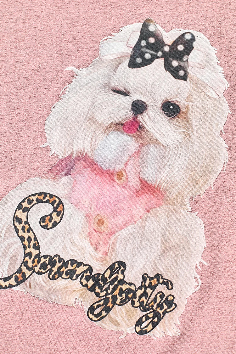 Pink Crew Neck Cute Dog with Bow Leopard Print Text Short Sleeve T-Shirt for Women