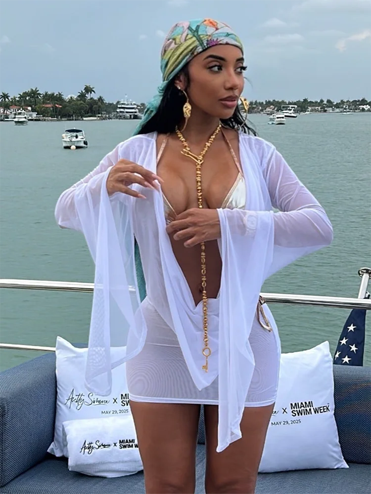 Halter Backless Dress Women Y2K See Through Irregular Full Sleeve Coquette Sexy Midnight Beach Vacation Mini Bodycon