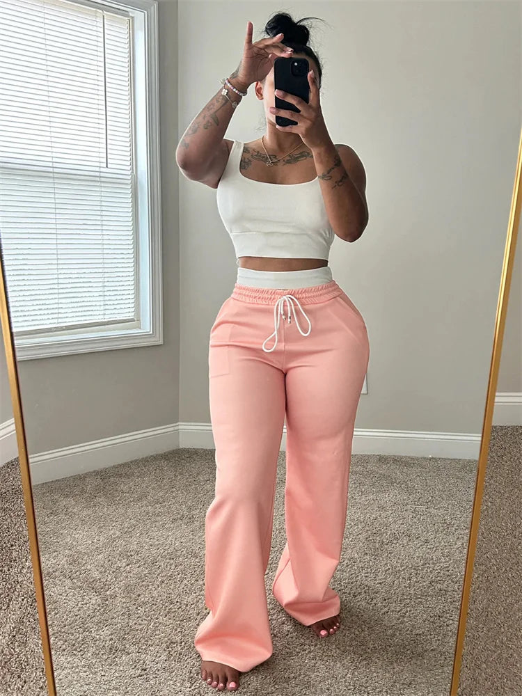 Casual Tracksuit 2 Piece Set Women Simple Solid Tank Tops+Drawstring Patchwork Straight Pants Fashion Sporty Sets
