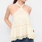 Y2K Halter Top for Women Lace Trim Tiered Backless Blouse Tie Neck Bohemian Style Vacation Beach Retro Streetwear