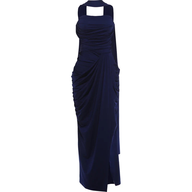Eleganr Gown Dress+Ribbon Woman Sexy Wrap Chest Backless Ruched High Splits Hen Evening Prom Party Fashion Vestidos