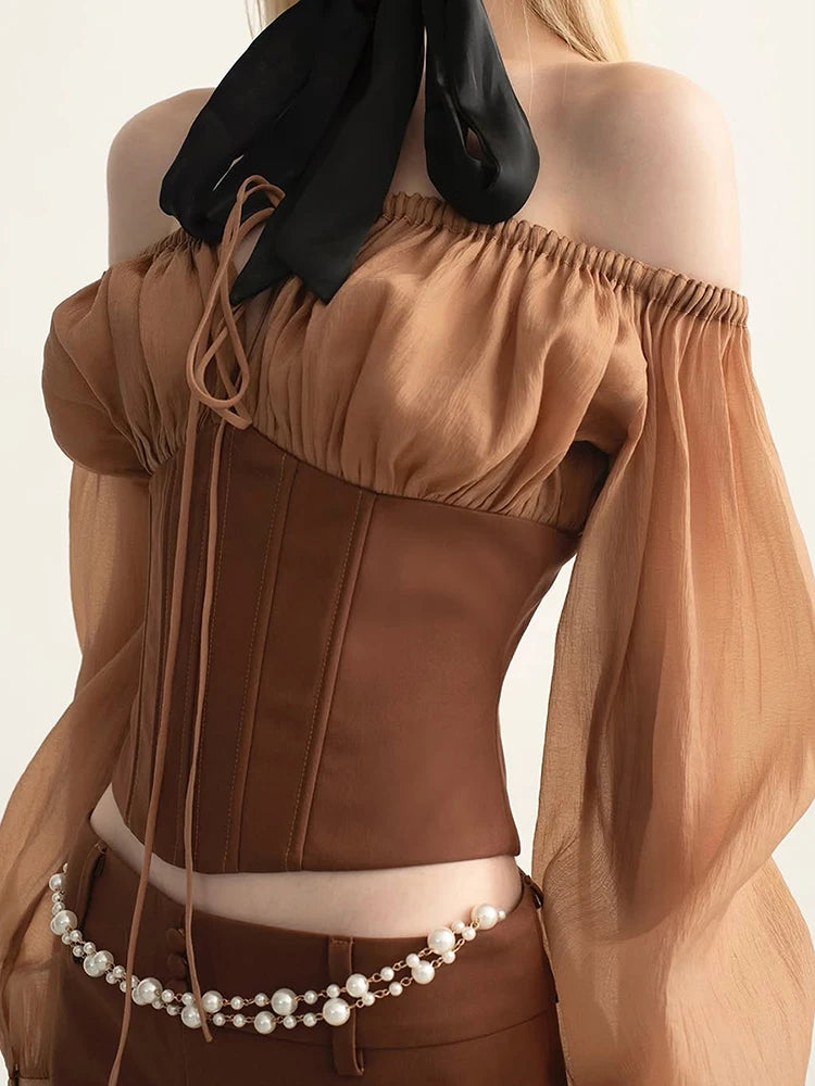 Elastic Slash Neck T-Shirt Women Sexy Patchwork Bandages Hollow Button Full Sleeve Chic Street Club Skinny Crop Tops