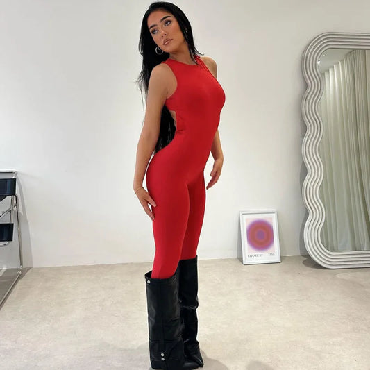 Sexy Metal Buckle Backless Stretch Jumpsuit Women Fashion Sports Yoga One Piece Baddie Outfits for Woman