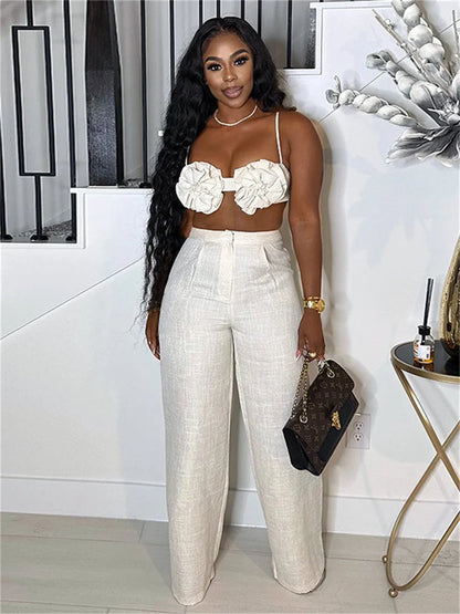 Vacation Beach Style 2 Piece Set Women Ruched Flower Bra Tops+Button Waist Straight Pants Fashion Sexy Trend Outfits