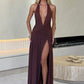 Halter Deep V Neck Backless Maxi Dress For Women Fashion Solid Sleeveless Thigh High Split Sexy Long Dress Elegant