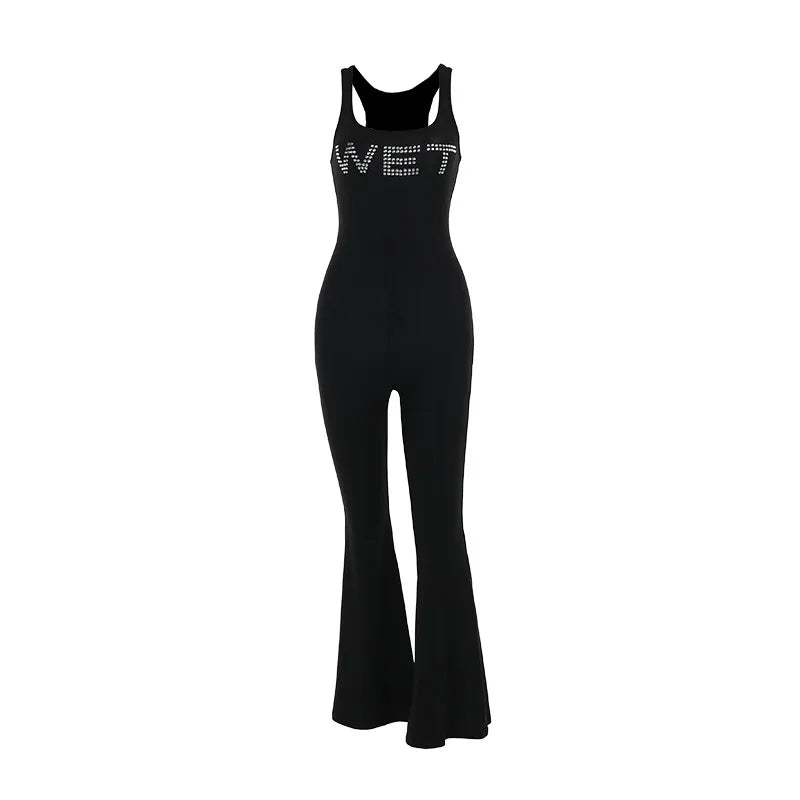 Rhinestone Wet Sleeveless Flare Jumpsuits Black One Piece Clothes Sexy Jumpsuit for Womens 2024 Club Outfits
