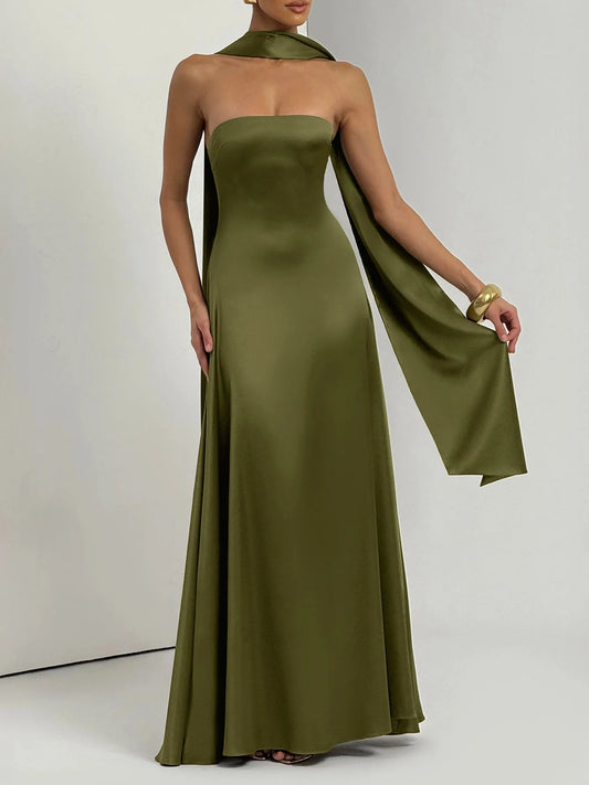 Satin Strapless Backless Maxi Dress with Scarf Elegant Evening Party Dresses for Woman Clothes