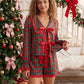 Women Satin Christmas Pajama Set Peter Pan Collar Front Tie Long Sleeve Ruffle Top Shorts Two Piece Xmas Loungewear