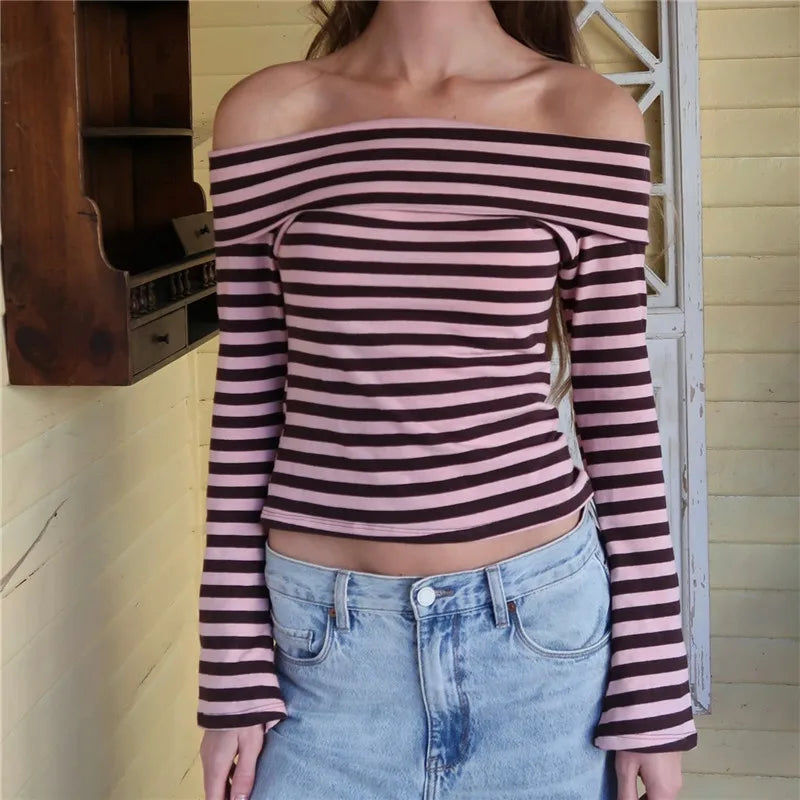 Stripe Fold Over Off Shoulder Top Long Sleeve Slim Ribbed Crop Tee Women Soft Stretchy Casual Streetwear Basic Short Top