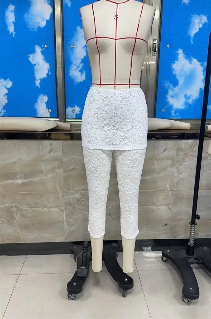 Women Lace Skirted Capri Leggings High Waist Sheer Mesh Cropped Pants Layered Skirt Overlay Slim Fit Party Streetwear Bottoms