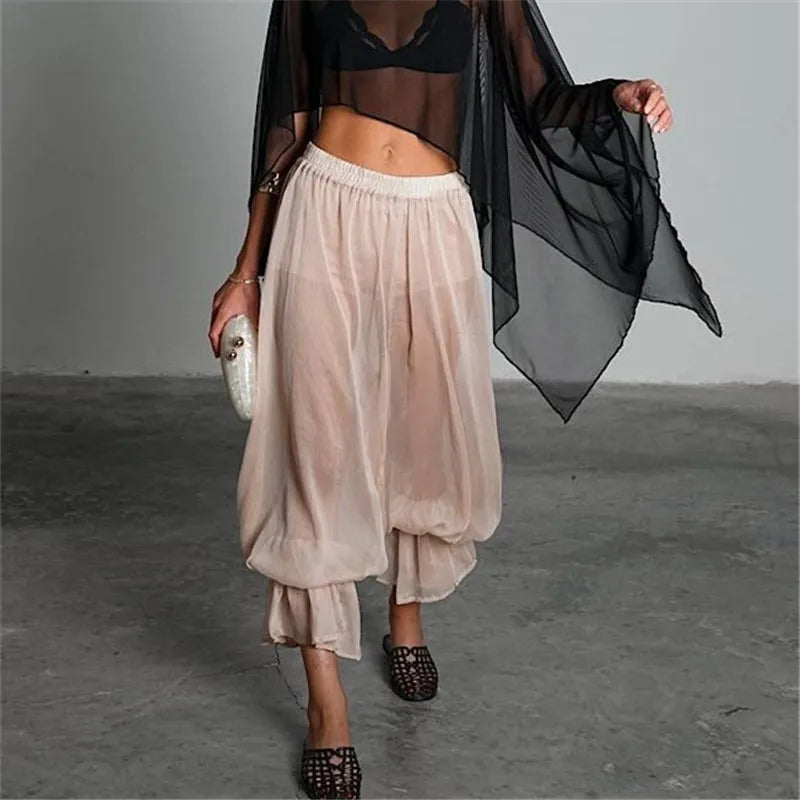 Casual Mesh See-Through Crop Trousers with Safety Shorts for Daily Women Capri Bloomers Pants Y2K Vintage Streetwear