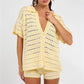 Women Striped Hollow Knit 2 Piece Set Short Sleeve Button Down Top High Waist Mini Shorts Matching Outfit Beach Cover Up