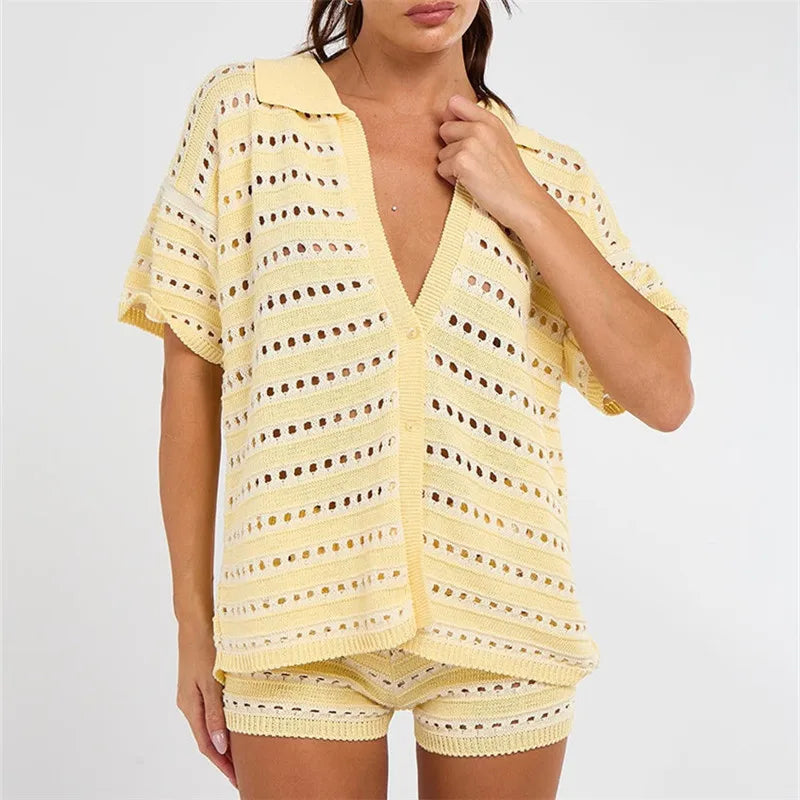 Women Striped Hollow Knit 2 Piece Set Short Sleeve Button Down Top High Waist Mini Shorts Matching Outfit Beach Cover Up