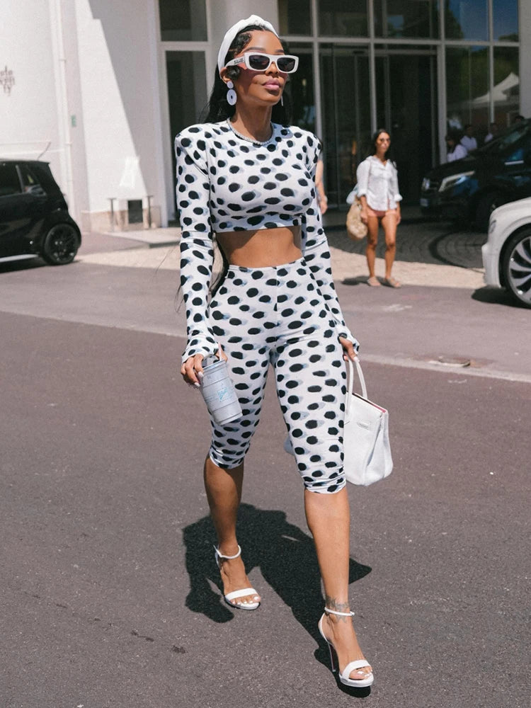 Polka Dot Print 2 Piece Set Women Trend O-Neck Full Sleeve Crop T-Shirt+Capri Pants Fashion Chic Street Sport Suits