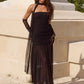 Transparent Mesh Patchwork Strapless Maxi Dress with Scarf Pink Black Elegant Party Dresses for Woman